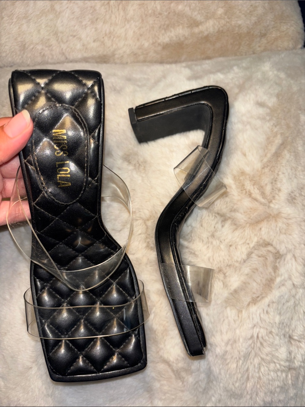 Miss Lola Black Quilted Heeled Sandals with Clear Straps